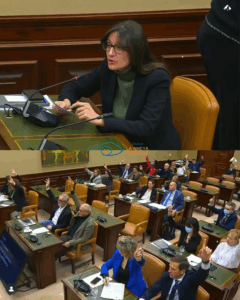 Diputada intervenint a la Comissió de Sanitat del Congrés dels Diputats mentre els membres de la comissió voten l’aprovació d’una Proposició no de Llei per reforçar la detecció precoç del retinoblastoma en pediatria.
